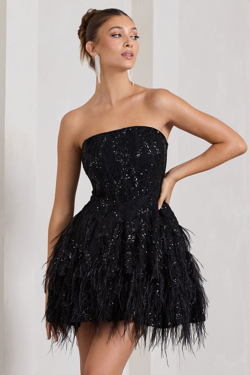 black strapless feather dress Feather-Top Two-Piece Long Prom Dress C141