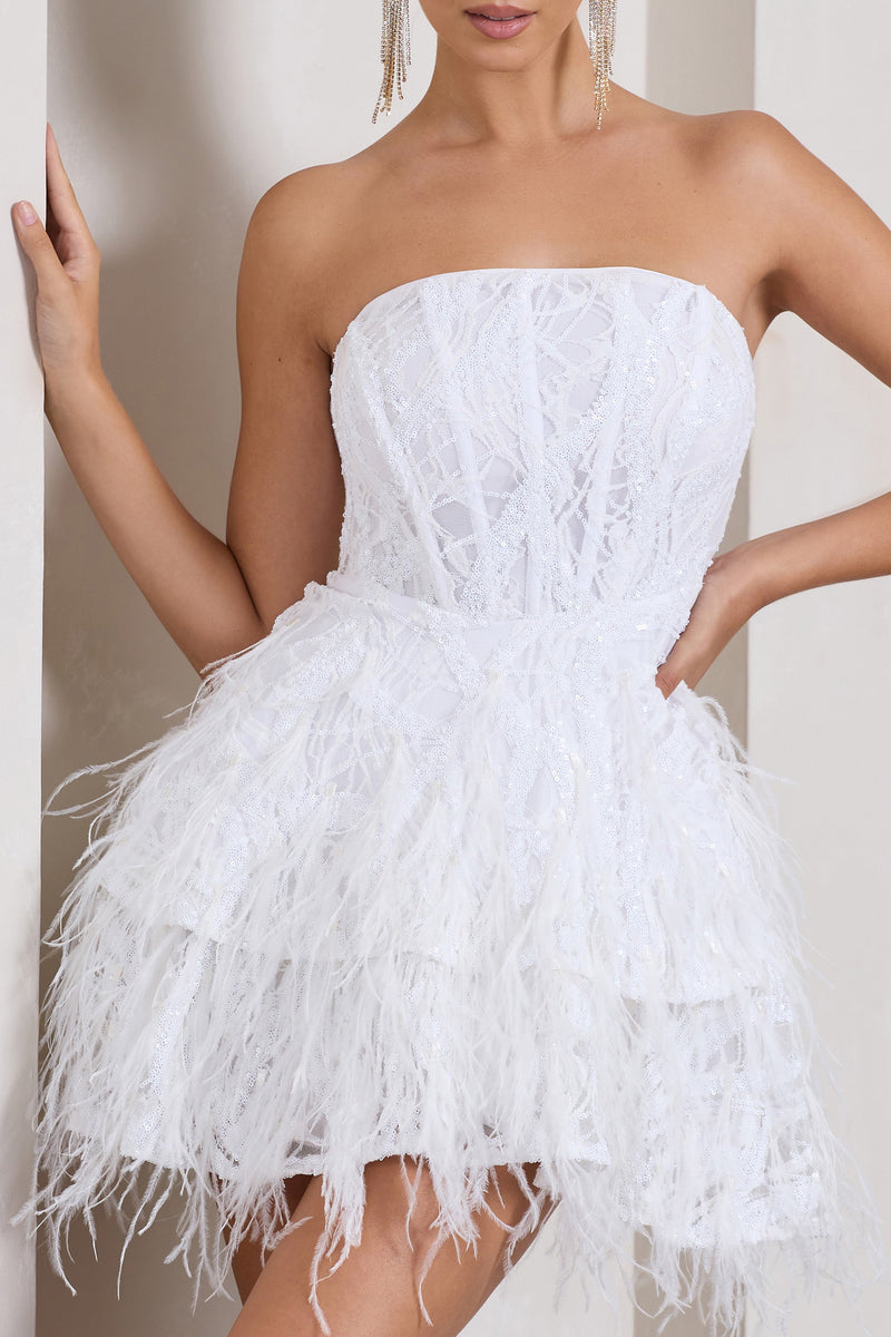 Little Wish | White Sequin Lace Strapless Mini Dress With Feathers