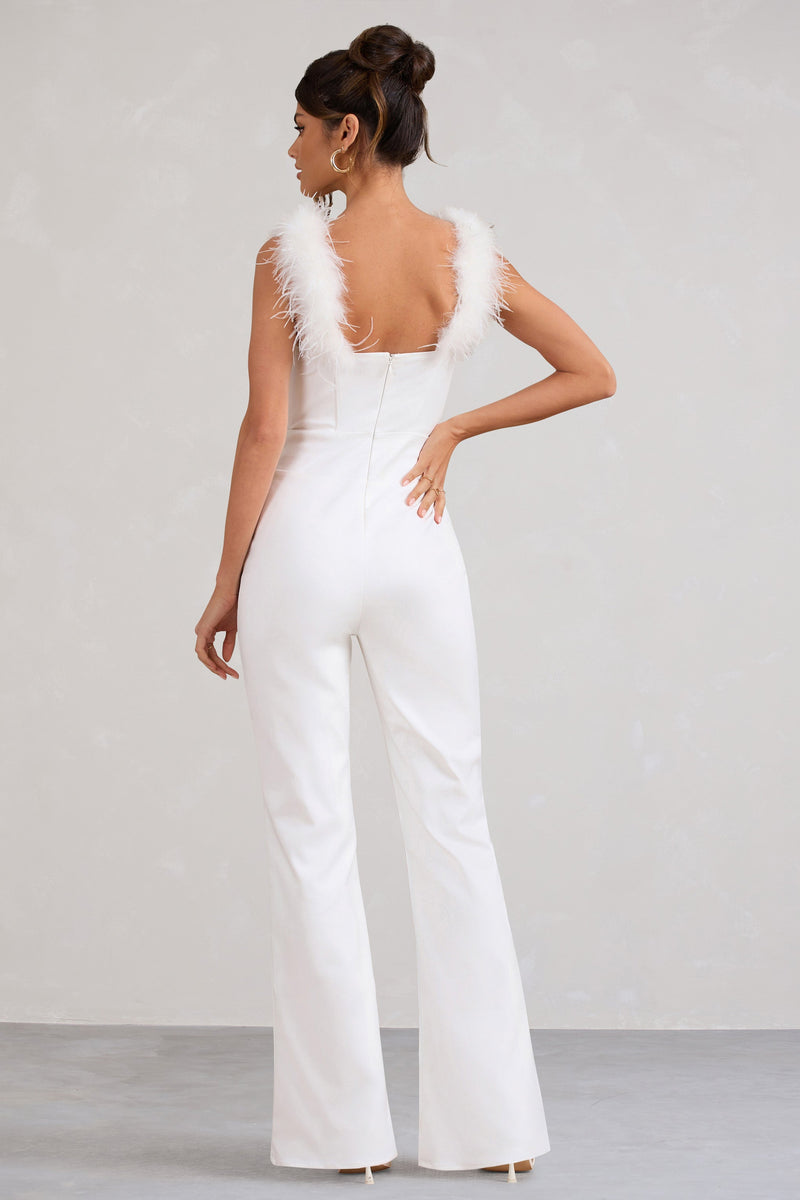 Verity White Feather Shoulder Corset Style Jumpsuit Club L London USA
