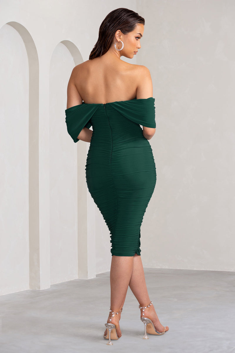 Love Me Bottle Green Off The Shoulders Ruched Midi Dress