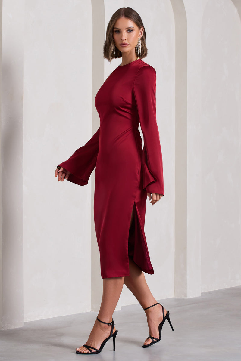 Zaina Burgundy Long Sleeve Maxi Dress with High Neckline – Club L 