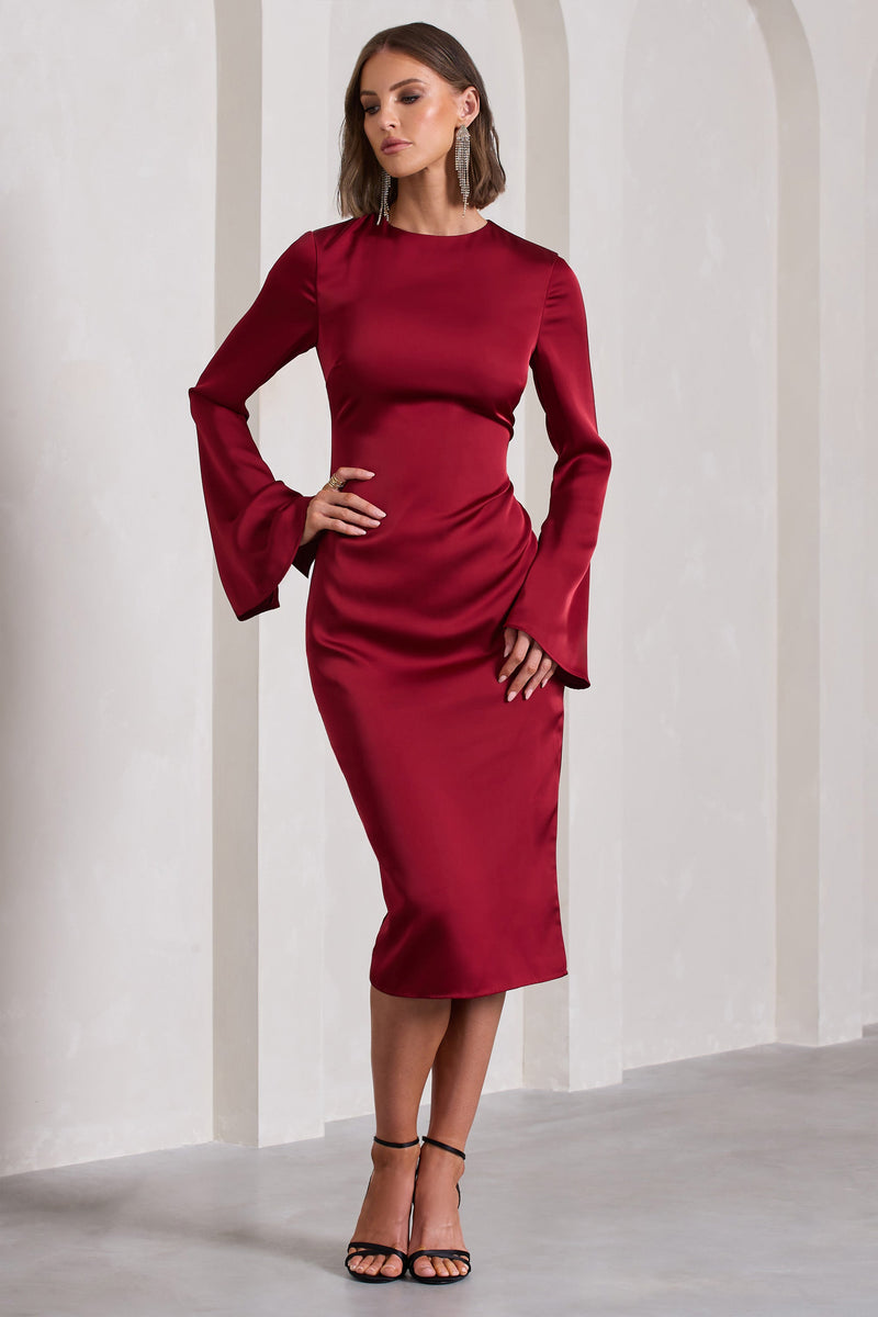 Zaina Burgundy Long Sleeve Maxi Dress with High Neckline – Club