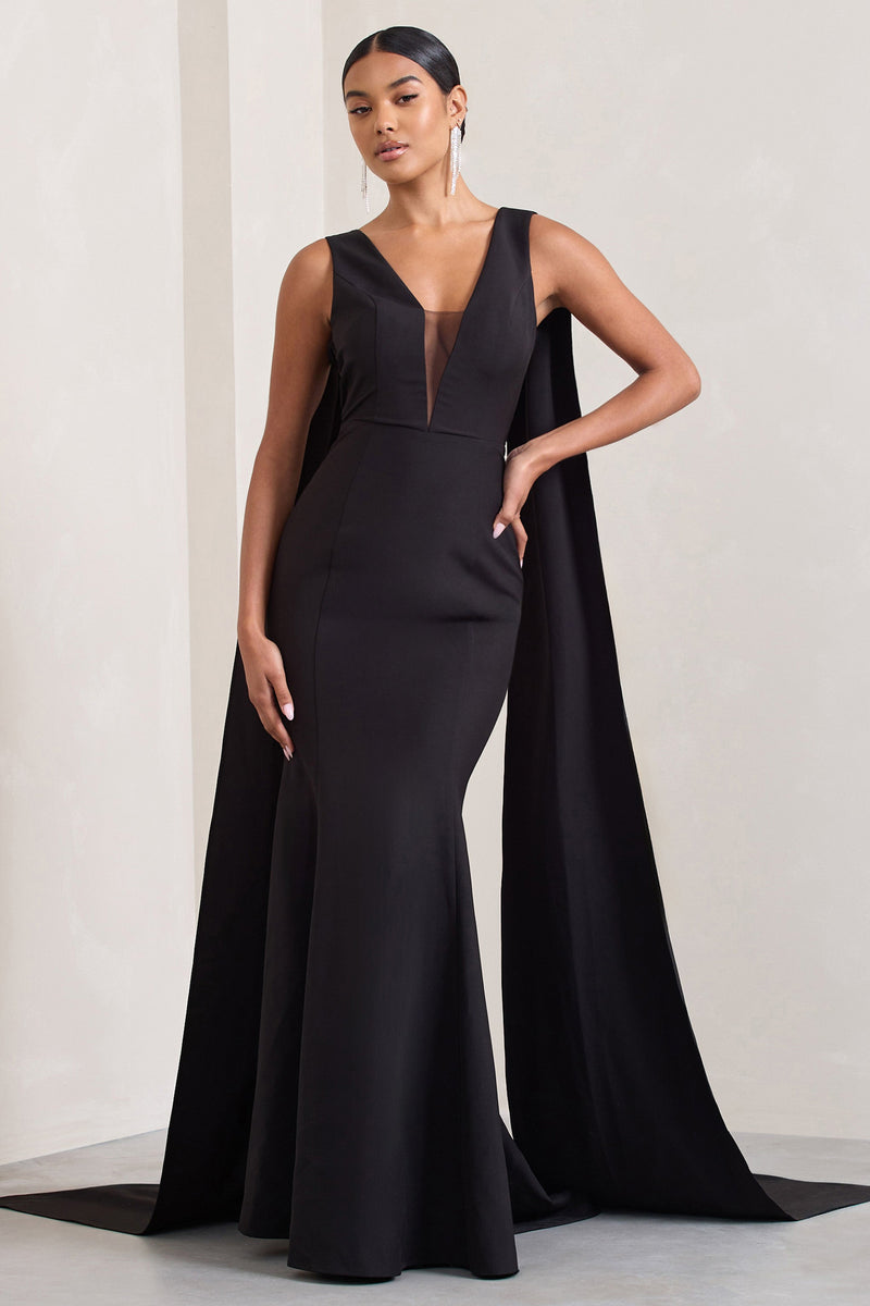 Rosaline Black Plunging Fishtail Maxi Dress With Cape – Club L