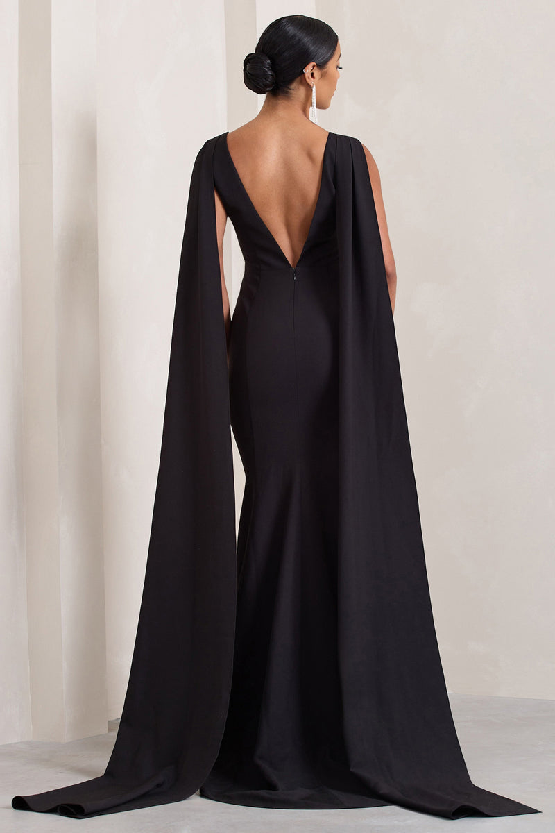 Rosaline Black Plunging Fishtail Maxi Dress With Cape – Club L