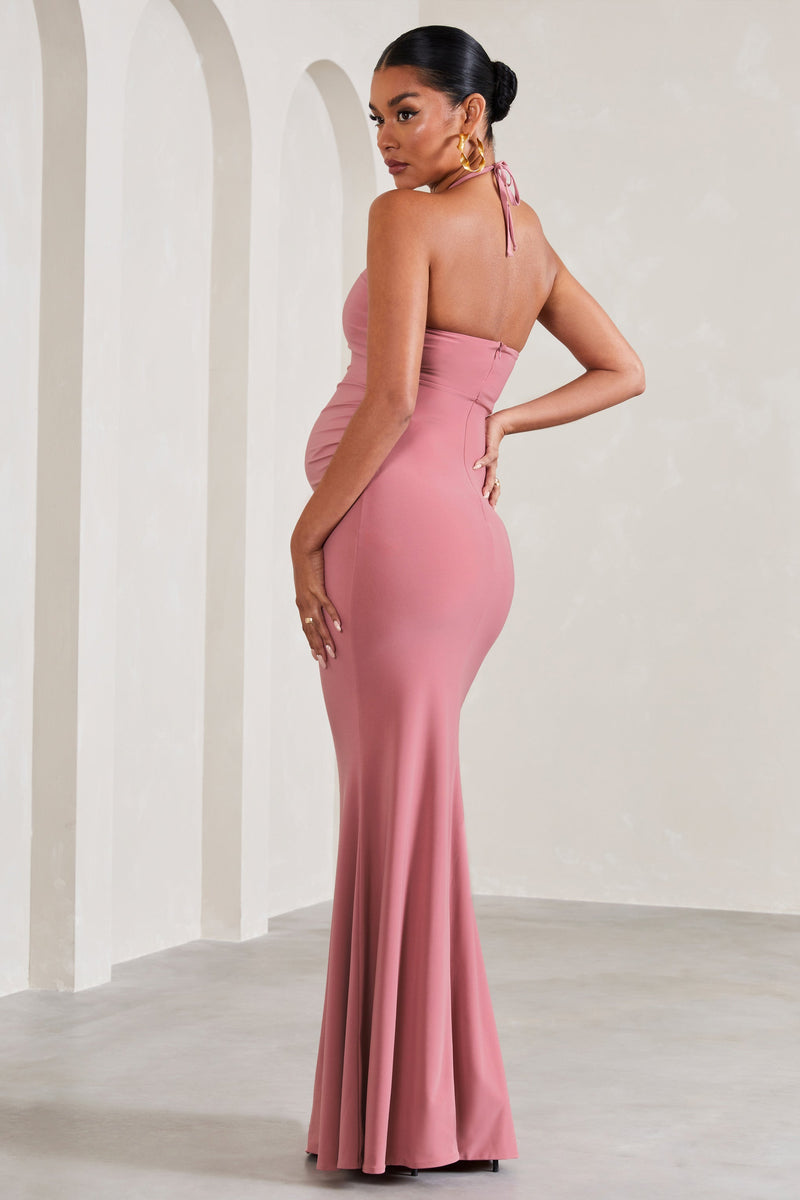 Zora Blush Pink Halter Neck Maternity Maxi Dress with Keyhole Cut