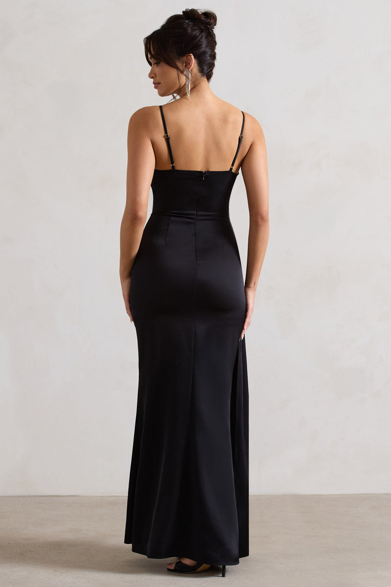 Soraya | Black Satin V-Neck Split Maxi Dress With Drape