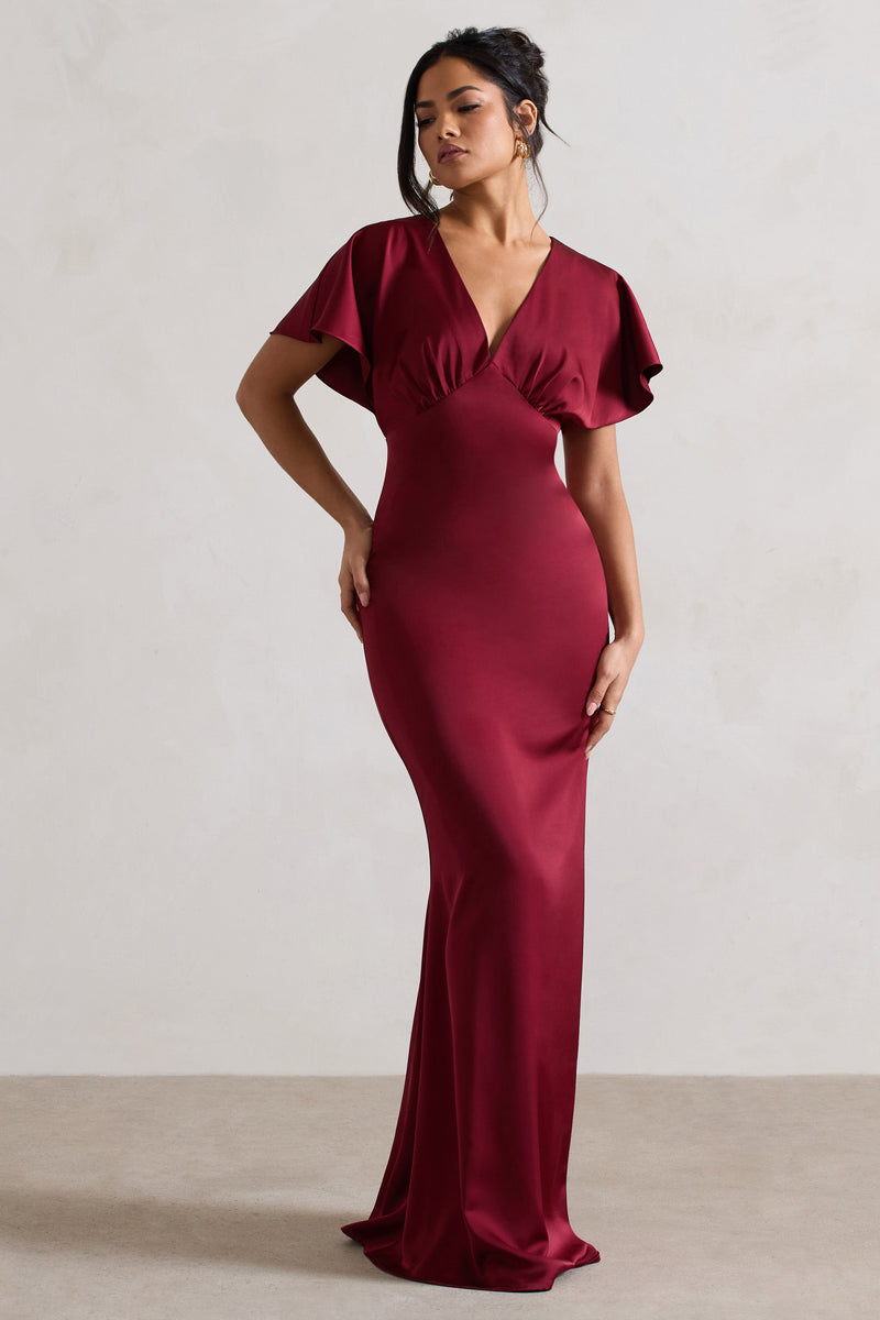 Marisa | Berry Satin V-Neck Flutter-Sleeve Maxi Dress