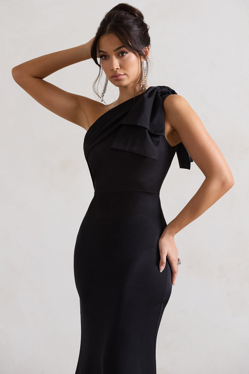 Lady Black Satin One Shoulder Maxi Dress With Bow – Club L 