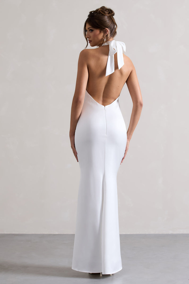 Unbeatable White Satin Cross Over Halter-neck Maxi Dress – Club L 