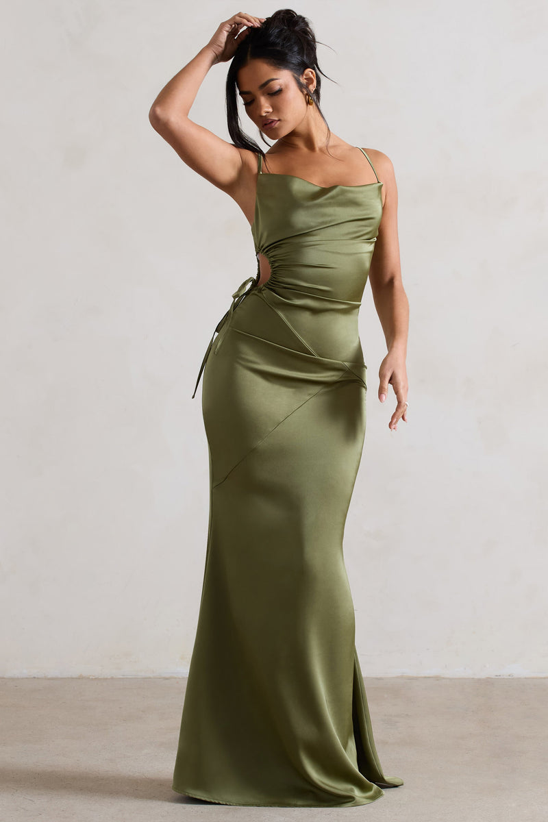 Sauvignon Olive Satin Bandeau Midi Dress With Cowl Back – Club L