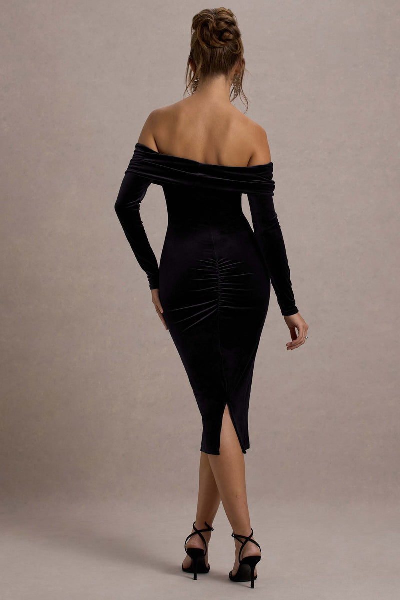 Compliment Black Velvet Bardot Midi Dress – Club L London
