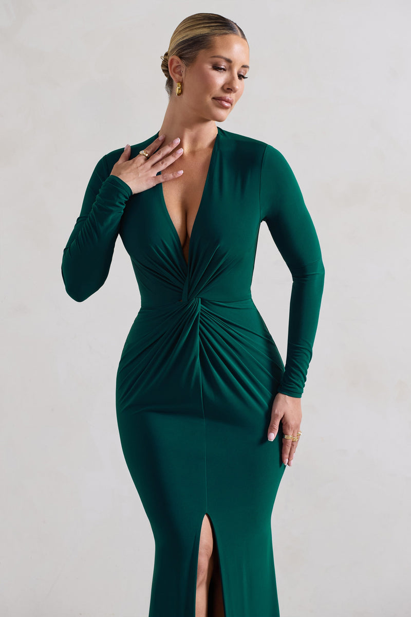 Tianna | Bottle Green Plunge-Neck Twisted Split Maxi Dress