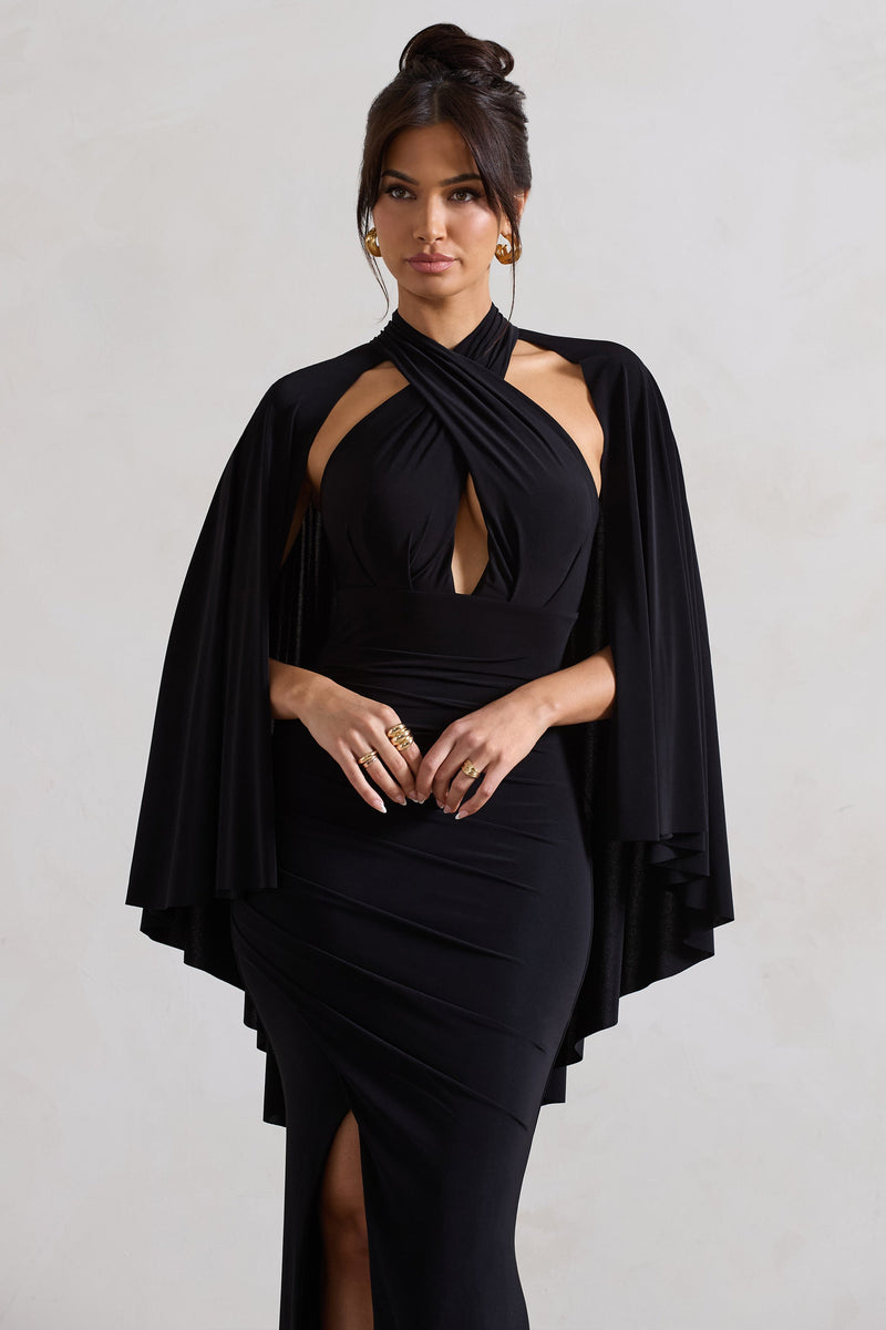 Audrina Black Ruched Halter-Neck Split Maxi Dress With Cape