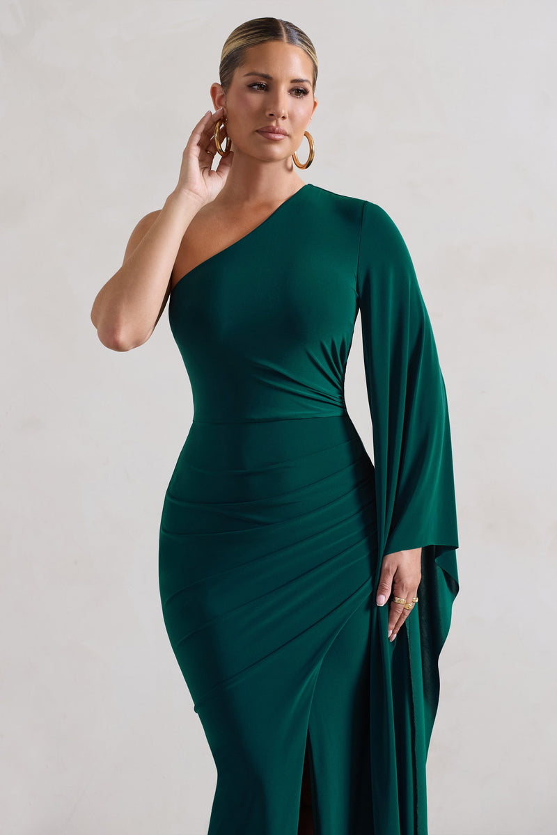 Giada Bottle Green Ruched One Shoulder Cape Sleeve Maxi Dress Club L