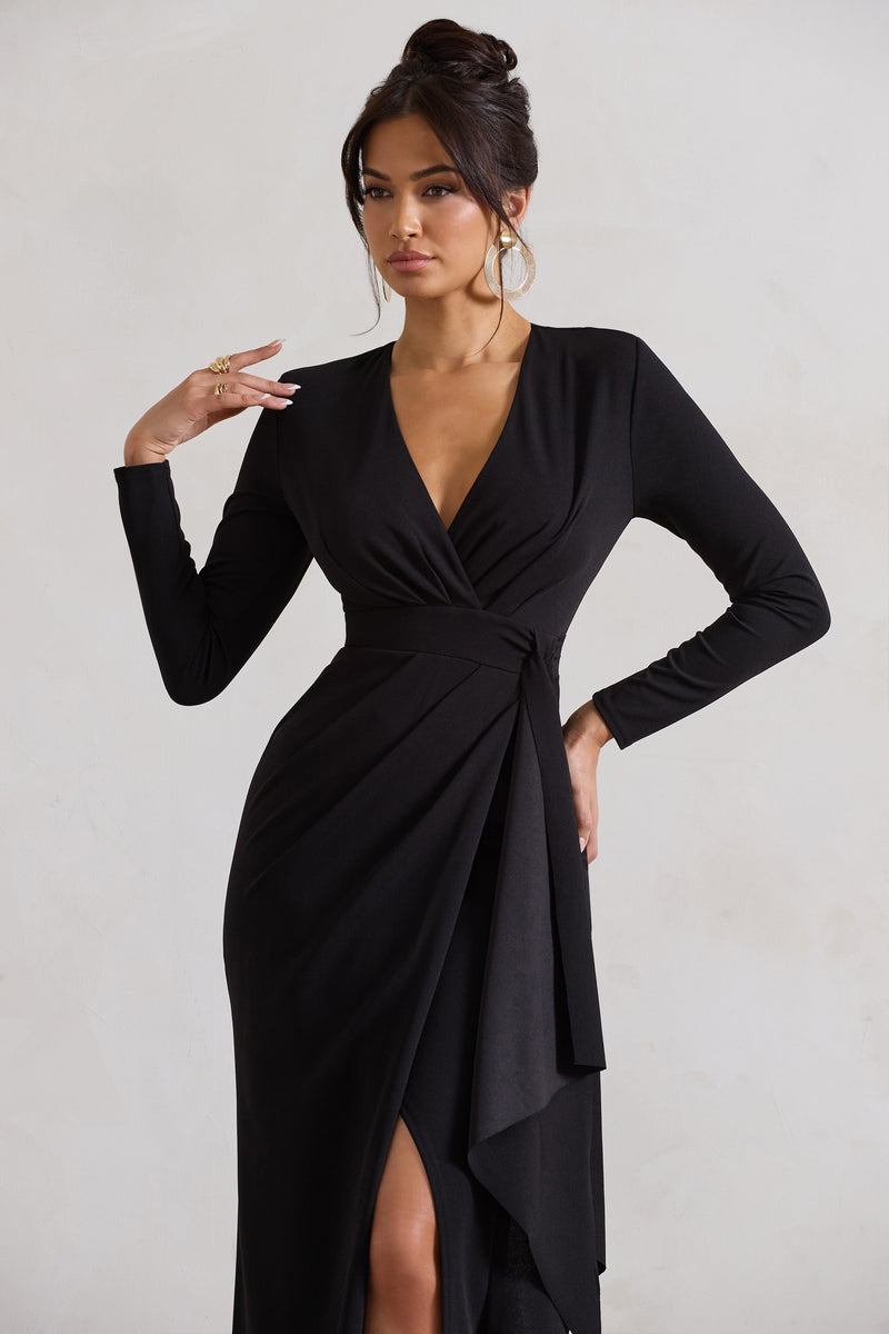 Odetta Black Plunge-Neck Wrap Maxi Dress With Tie Waist