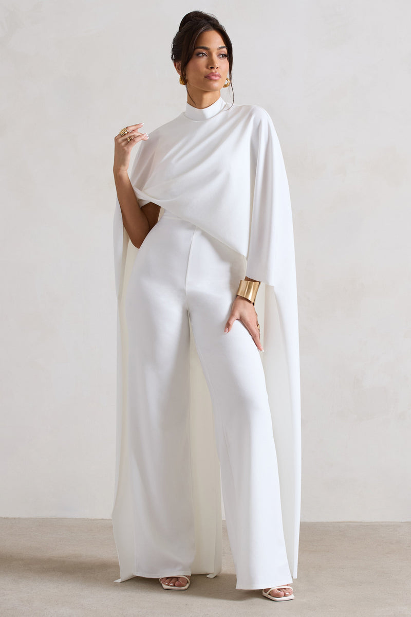 Elegant White Rompers Indra White High-Neck Wide-Leg Cape Jumpsuit