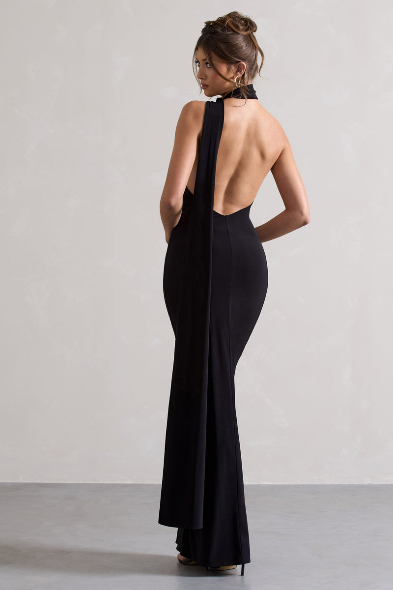 Miss Black One Shoulder Backless Maxi Dress With Scarf – Club L London 