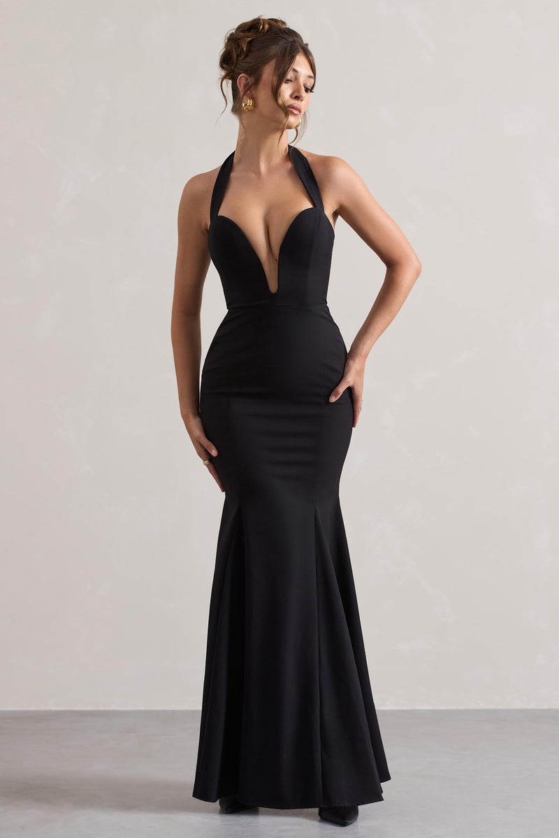 Plaza Black Plunge Halter-Neck Fishtail Maxi Dress Club L London - USA Plaza Black Plunge Halter-Neck Fishtail Maxi Dress Club L London - USA
