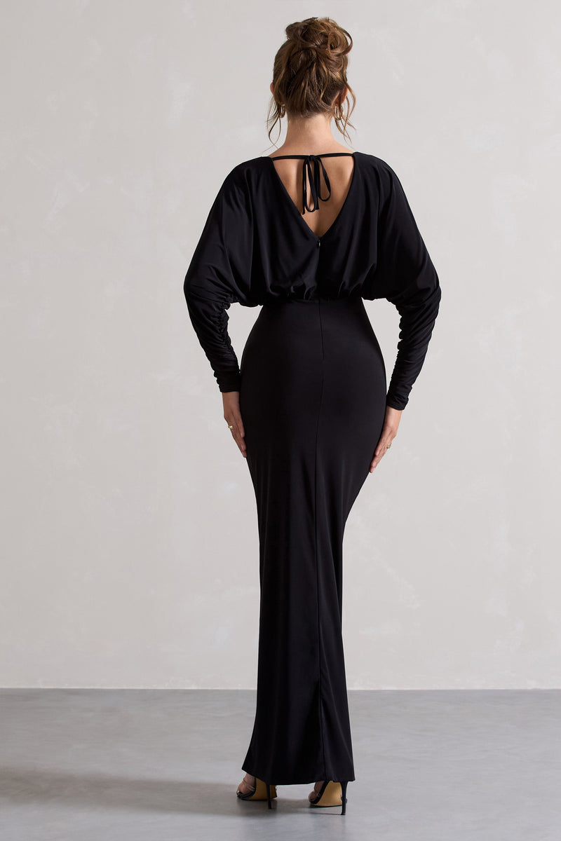 Betty Black High Neck Long Sleeve Maxi Dress with Feather Cuffs – Club L  London - USA