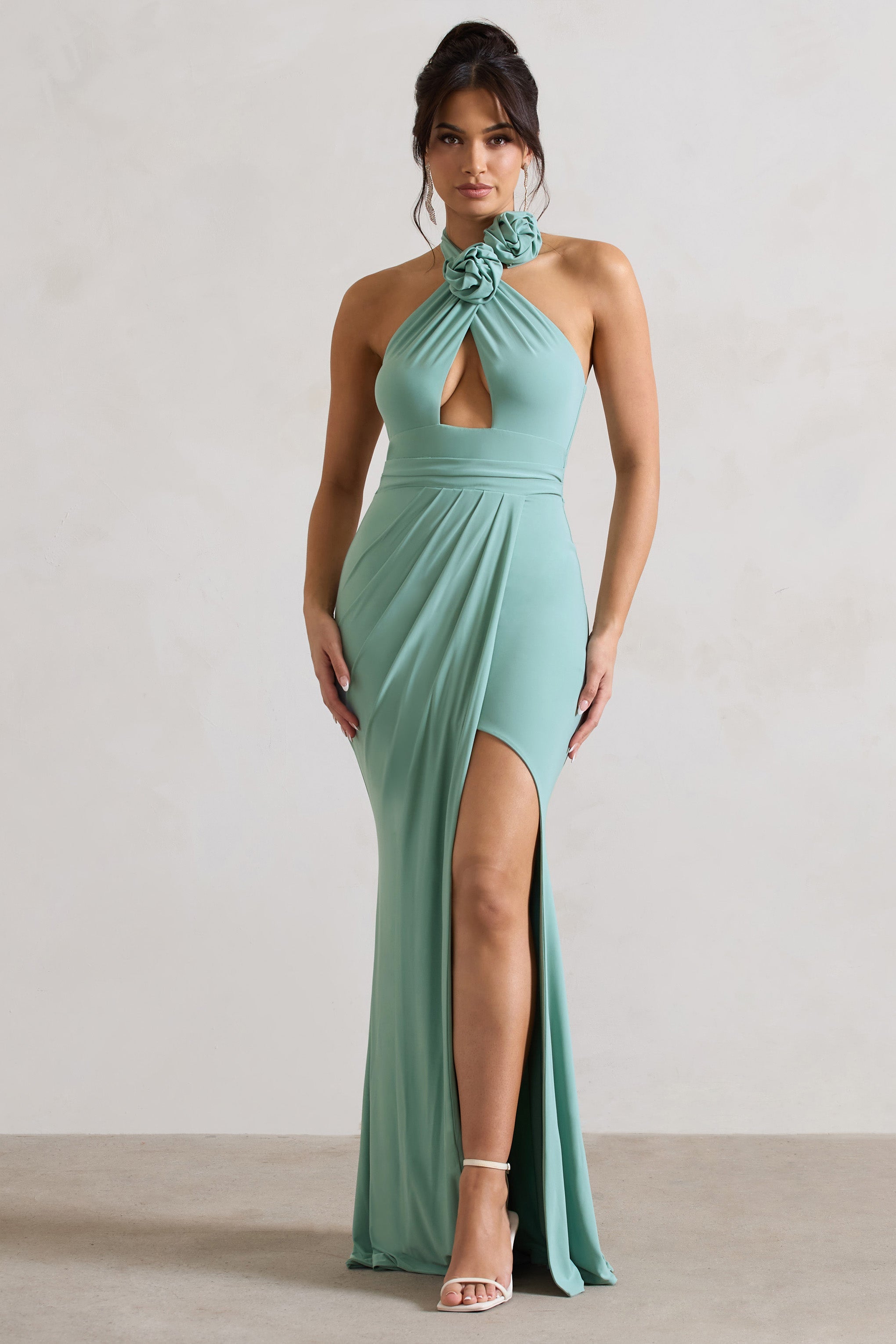 Kira | Sage Halter-Neck Cut-Out Split Maxi Dress With Flowers – Club L London
