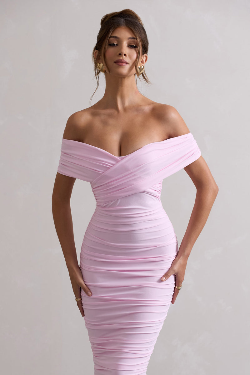 Unwrapped | Pink Ruched Twist Bardot Midi Dress