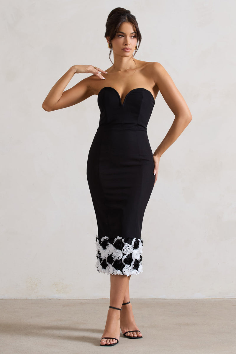 Ramona Black Bodycon Sweetheart Midi Dress With Floral Trim – Club L ...