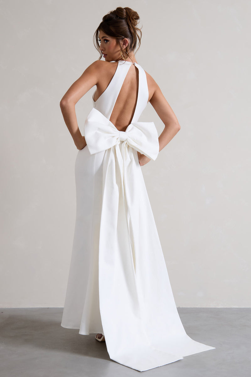 Bestow White Open-Back Maxi Dress With Oversized White Bow – Club L ...