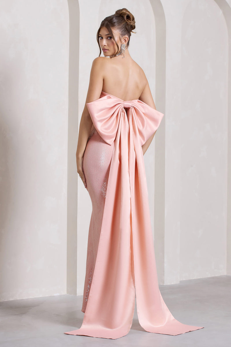 To You | Pink Sequin Bandeau Split Maxi Dress With Oversized Bow