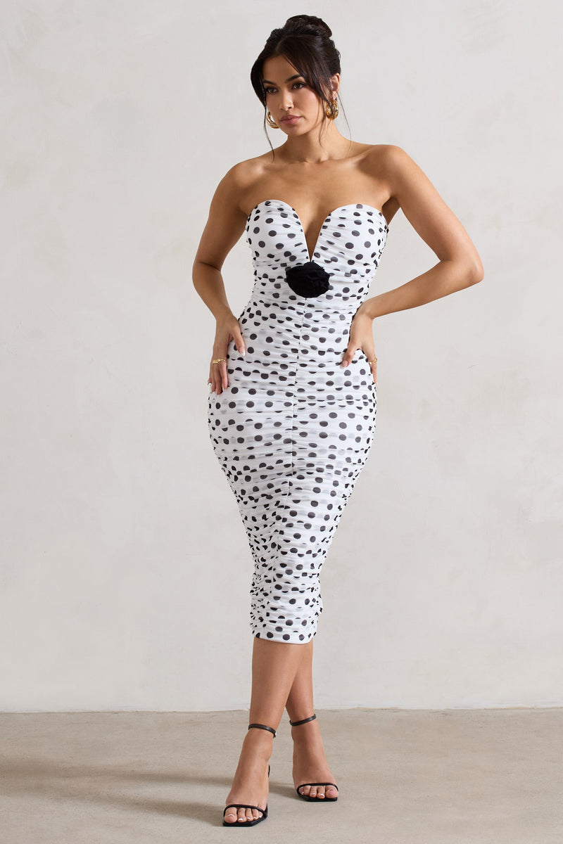 Polka Dot Gathered Mesh Midi Dress