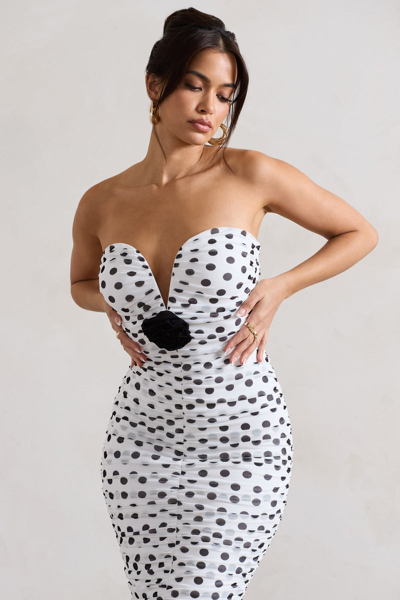 Taken White Polka Dot Ruched Mesh Midi Dress With Corsage