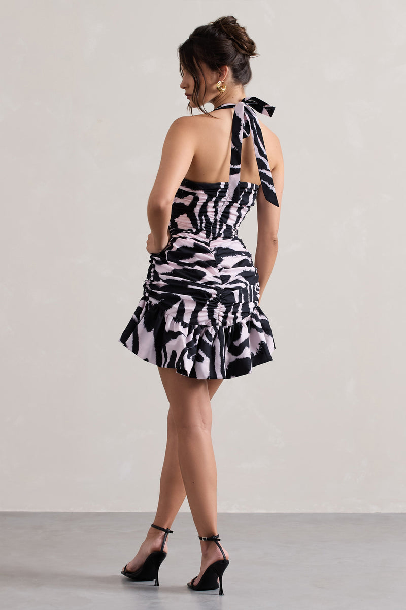 Zahra Zebra Print Halter-Neck Ruched Mini Dress With Ruffle Hem – Club L London Zahra Zebra Print Halter-Neck Ruched Mini Dress With Ruffle Hem – Club L London