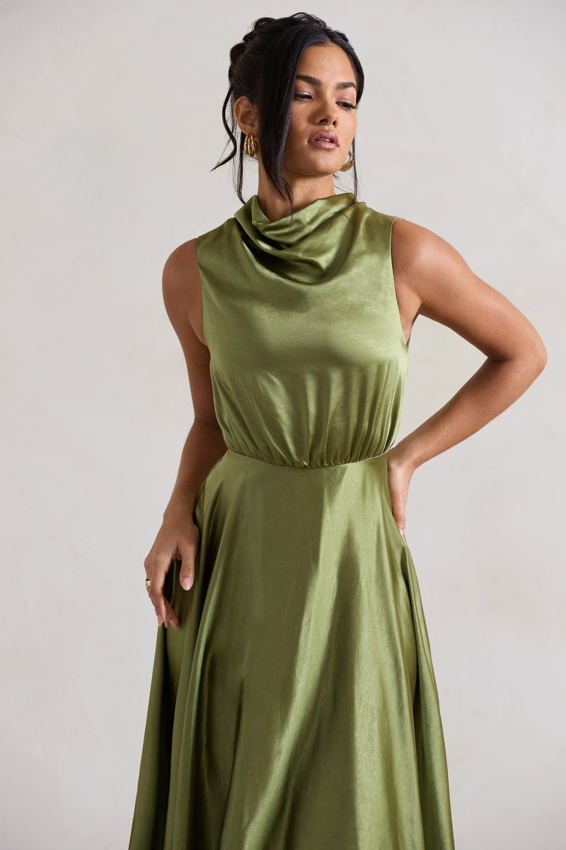 Kerri Olive Green Satin CowlNeck Maxi Dress Club L London USA