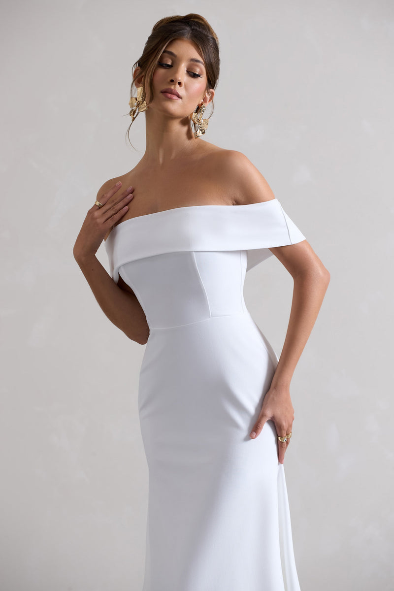 Ball Gown Bardot Midi Wedding Dress Windsor White Bardot Midi