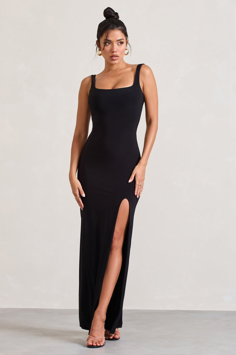 Risha Black Plunge-Neck Long-Sleeve Drape Maxi Dress – Club L London - USA