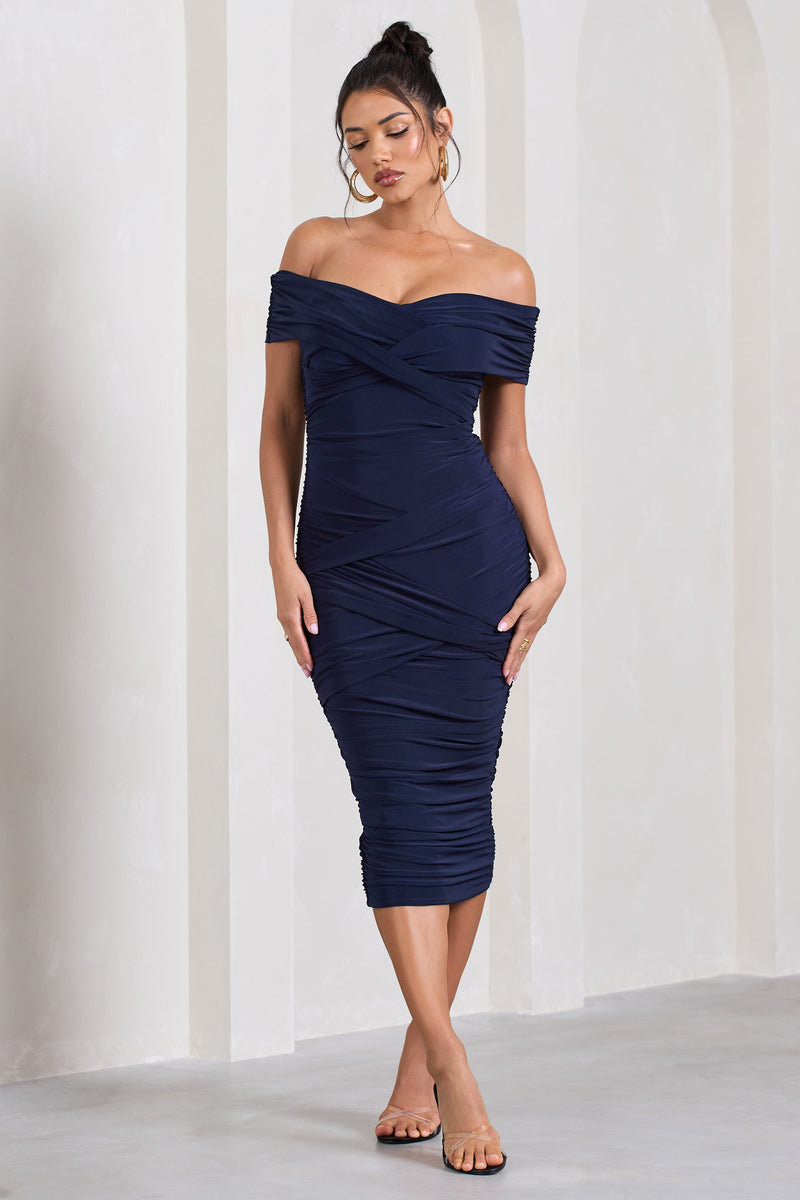 Amanda Navy Twisted Wrap Bardot Midi Dress US 0 Navy