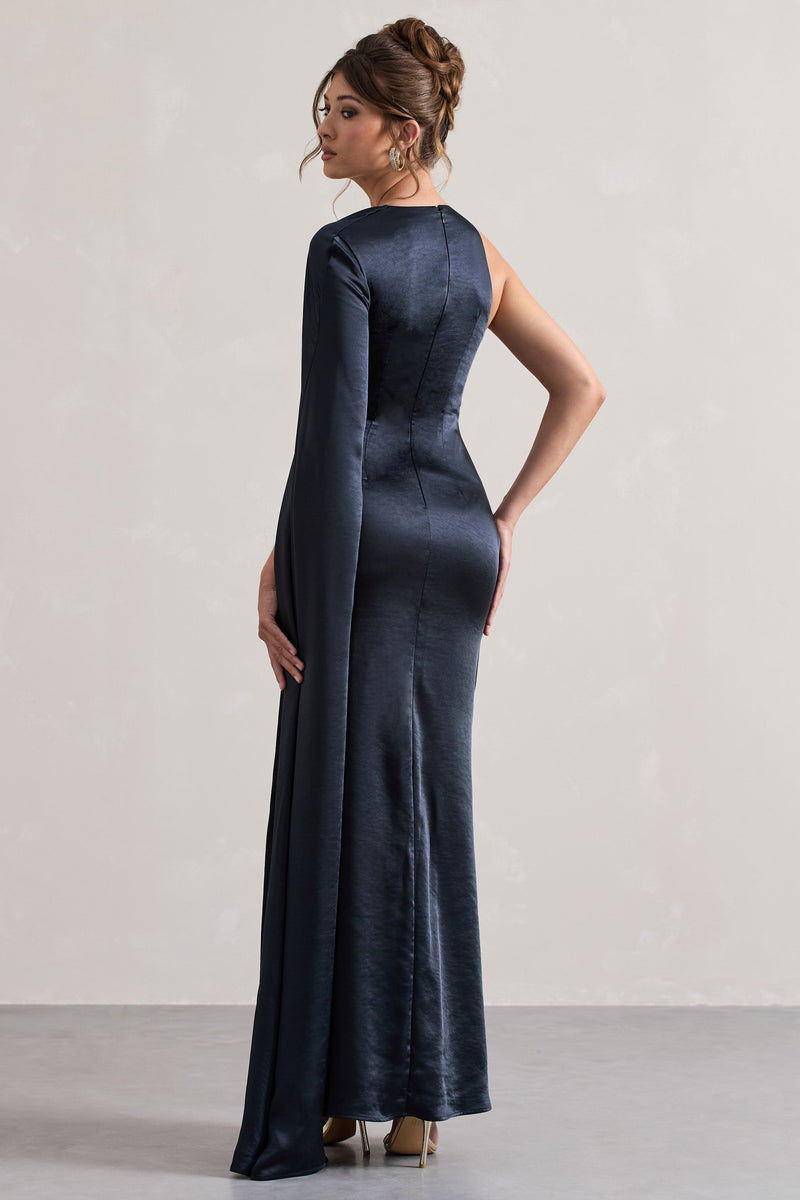 Gala Navy Satin One Shoulder Cape Sleeve Split Maxi Dress