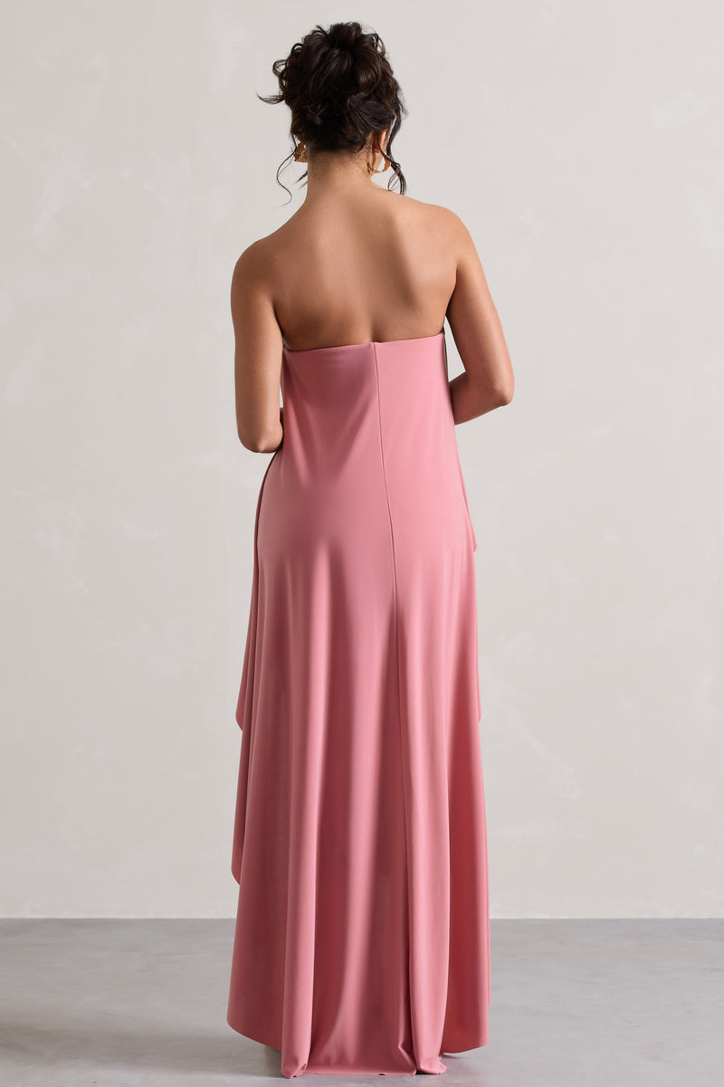 Upon A Time | Navy Ruched Bandeau Midi Dress With Cape