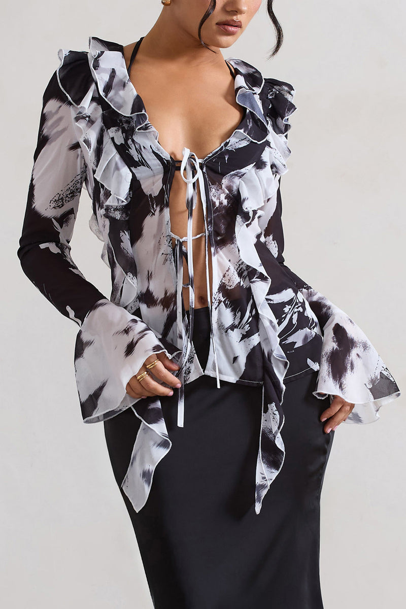 Milan Monochrome Floral Print Ruffle Tie-Front Blouse – Club
