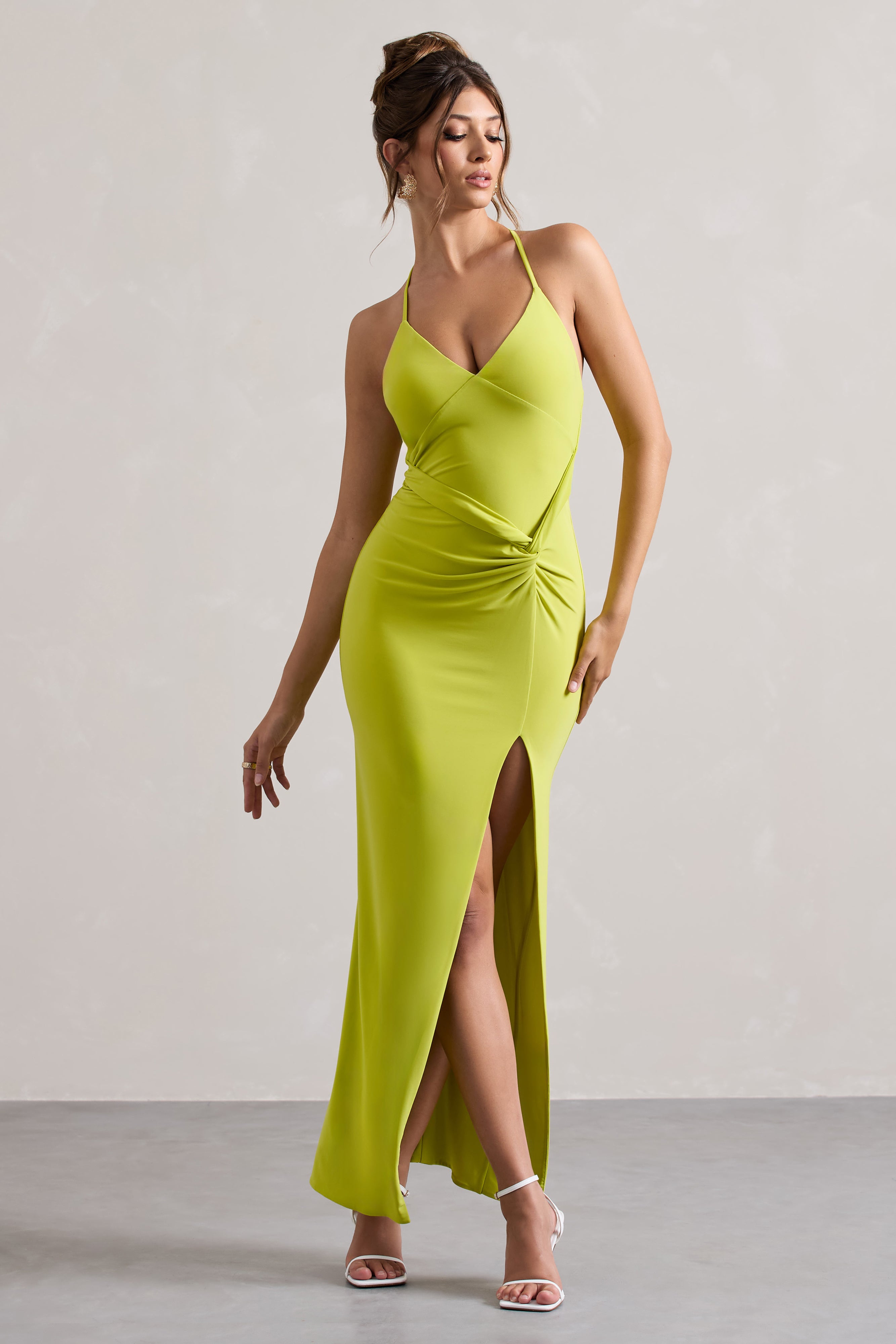 Domenica | Lime Green Halter-Neck Wrap Maxi Dress – Club L London