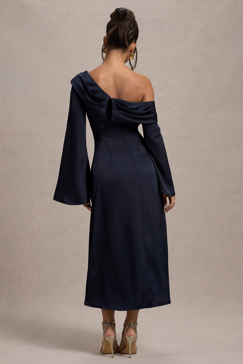 Astral Navy Satin Asymmetric FlaredSleeve Midi Dress Club L London USA