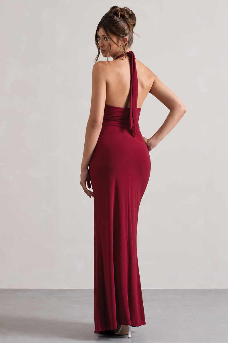 Payton Berry Ruched Halter-Neck Maxi Dress – Club L London - USA