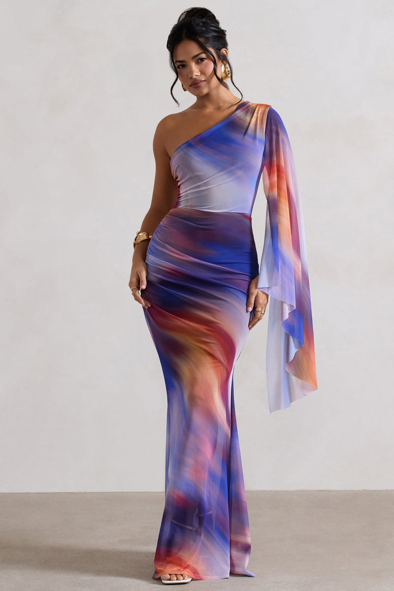 Brisa Ombre Print Mesh Asymmetric Ruched Maxi Dress – Club L 