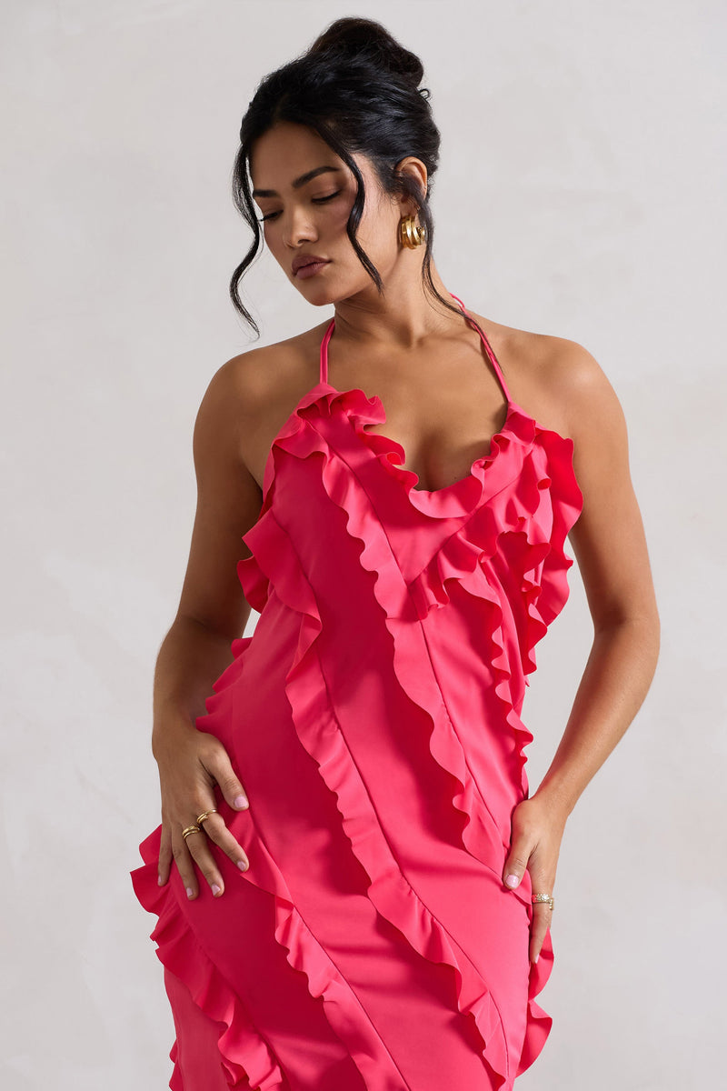 open lace back dress After Party Sleeveless Ruffle Trim Mini Dress Hot Pink