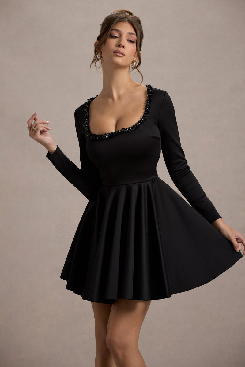 Wilder | Black Embellished Square-Neck Long-Sleeve Skater Mini Dress Wilder | Black Embellished Square-Neck Long-Sleeve Skater Mini Dress