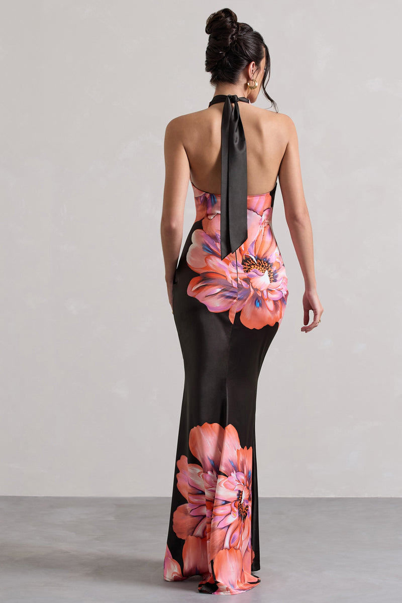 Tropicana Pink Floral Satin Cross Over Halterneck Maxi Dress – Club L London - USA