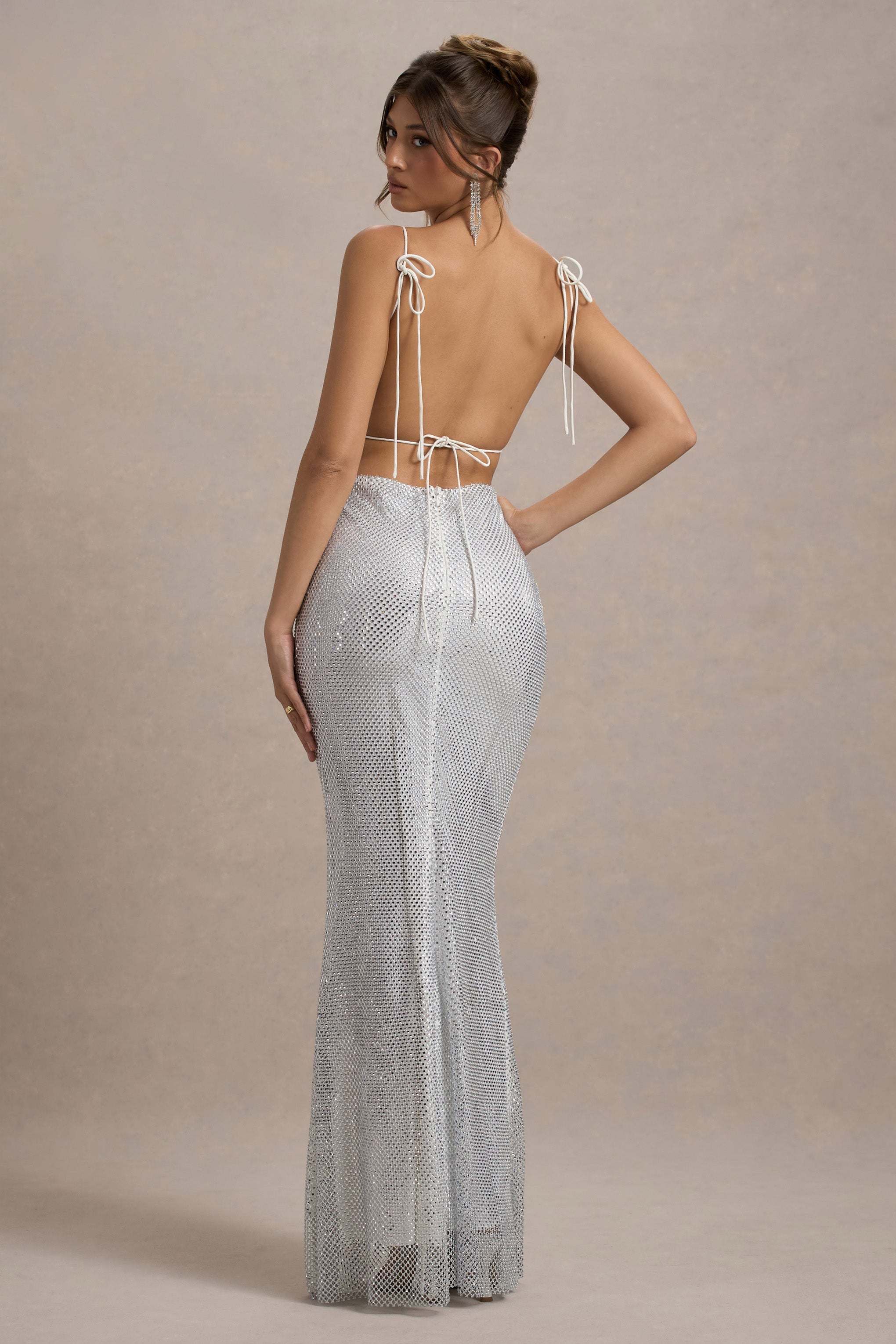 silver sequin butterfly open back dress in beige Silver Sequin Butterfly Open Back Dress in Beige