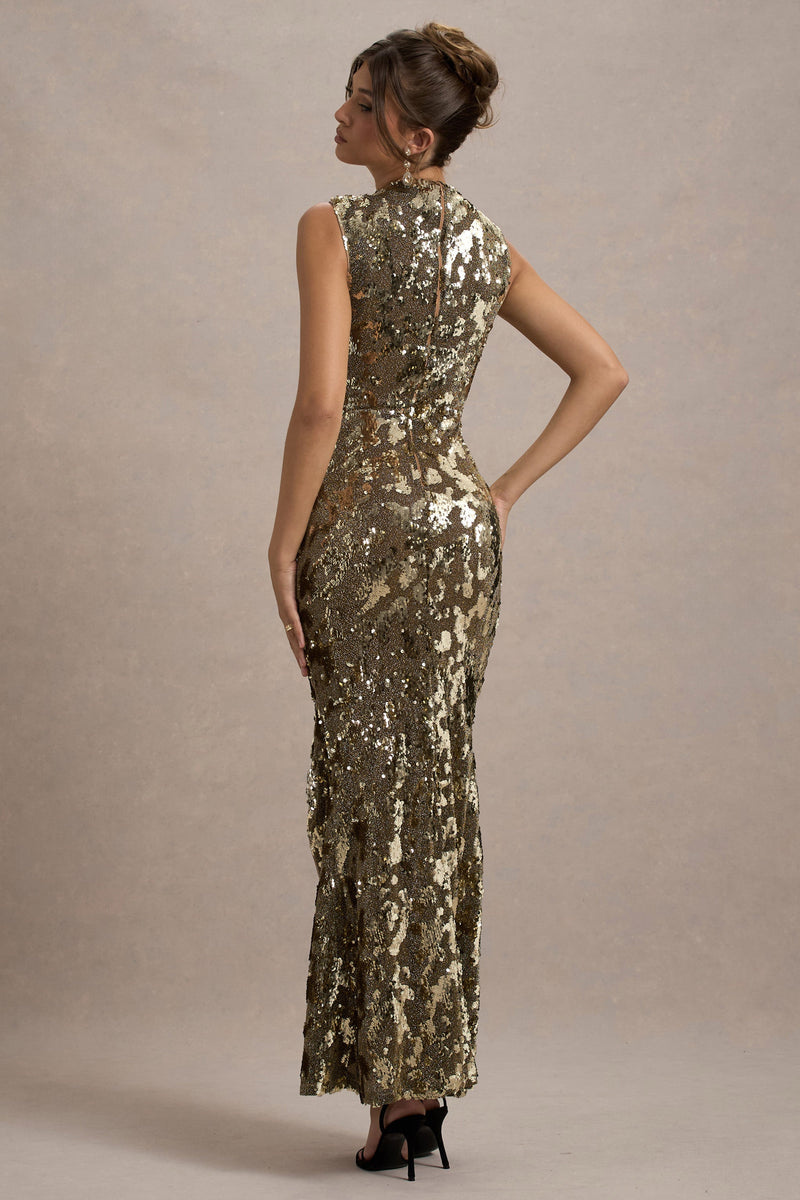 Cleopatra Gold Sequin Split Maxi Dress Club L London - USA Cleopatra Gold Sequin Split Maxi Dress Club L London - USA