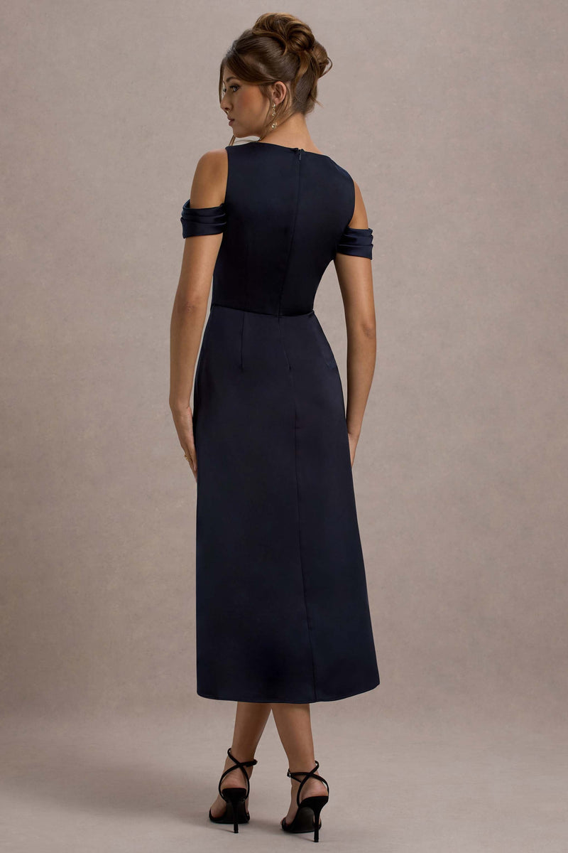 Darcy navy satin ball dress with split