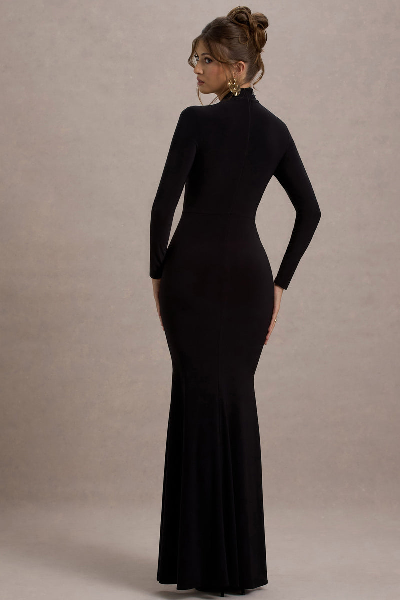 Tova Black High-Neck Long-Sleeve Maxi Dress – Club L London