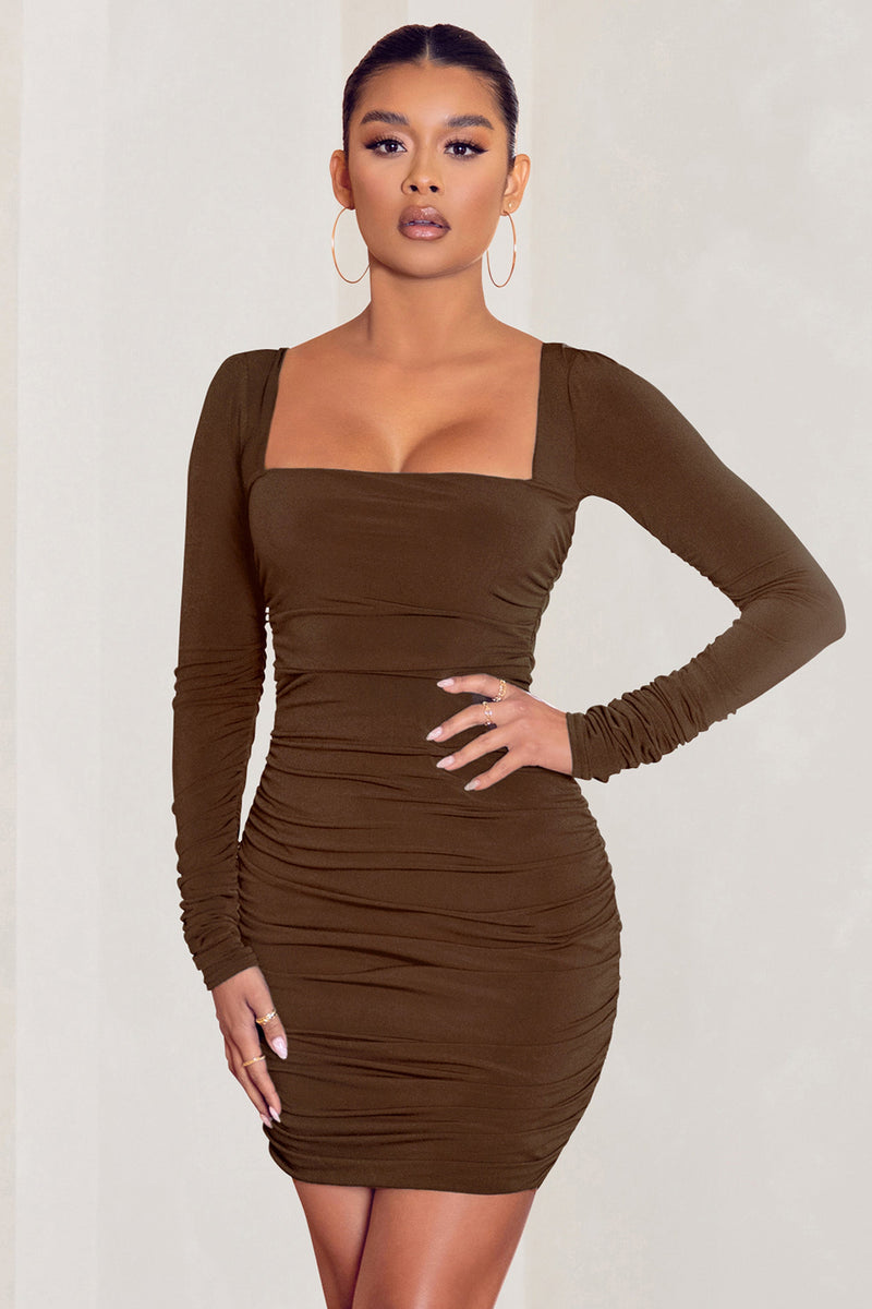 Muse Chocolate Long Sleeve Square Neck Ruched Mini Dress – Club L London -  USA